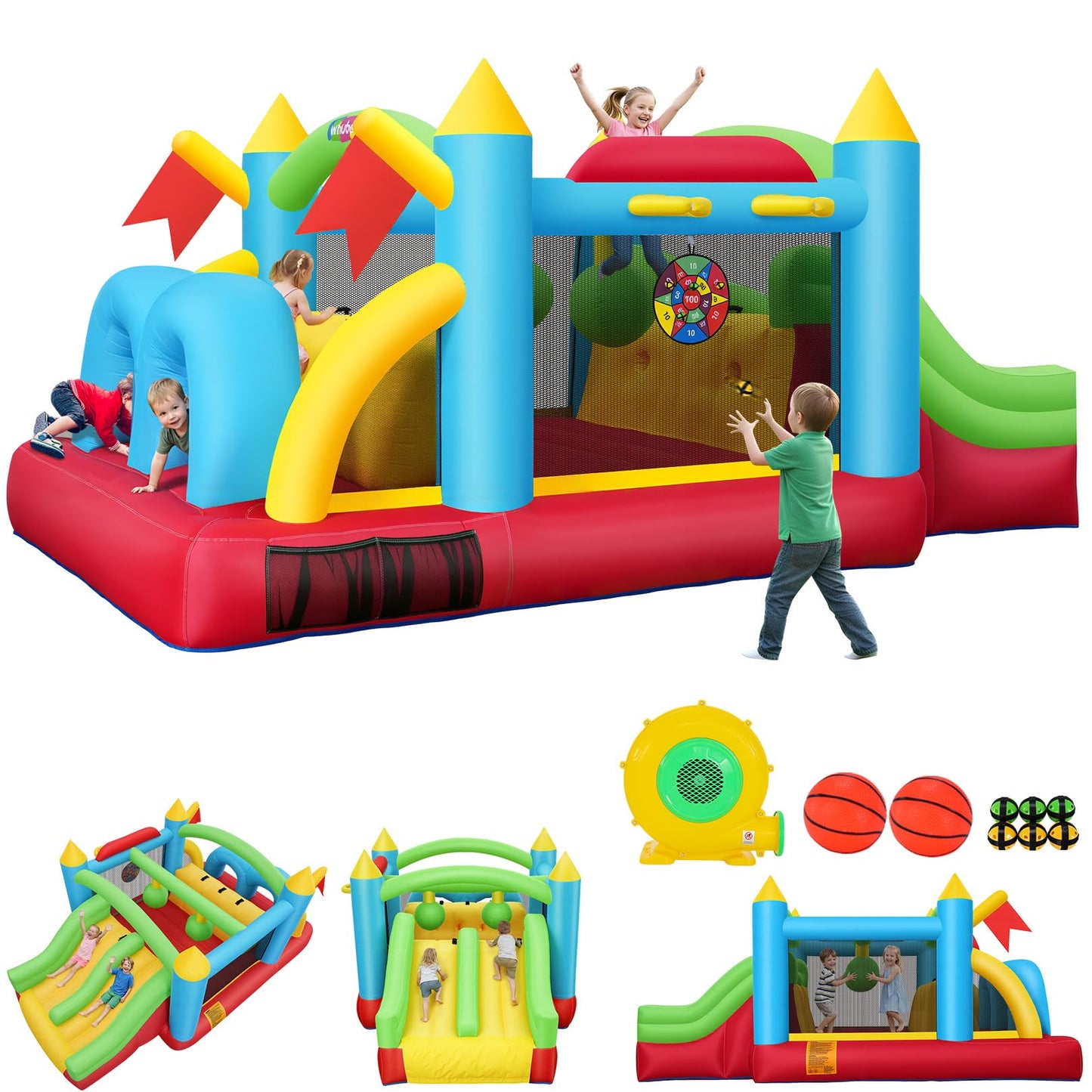13-in-1 Bounce House Obstacle Course for Kids with Dual Slides, 550W Blower