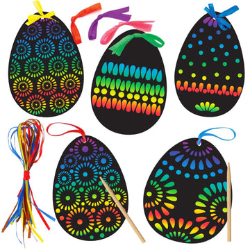 Koogel Easter Egg Scratch Art Set, 36 PCS Rainbow Scratch Art Mini Notes with Colorful Ribbon and Wooden Stick Crafts for Kids Party Favor Easter