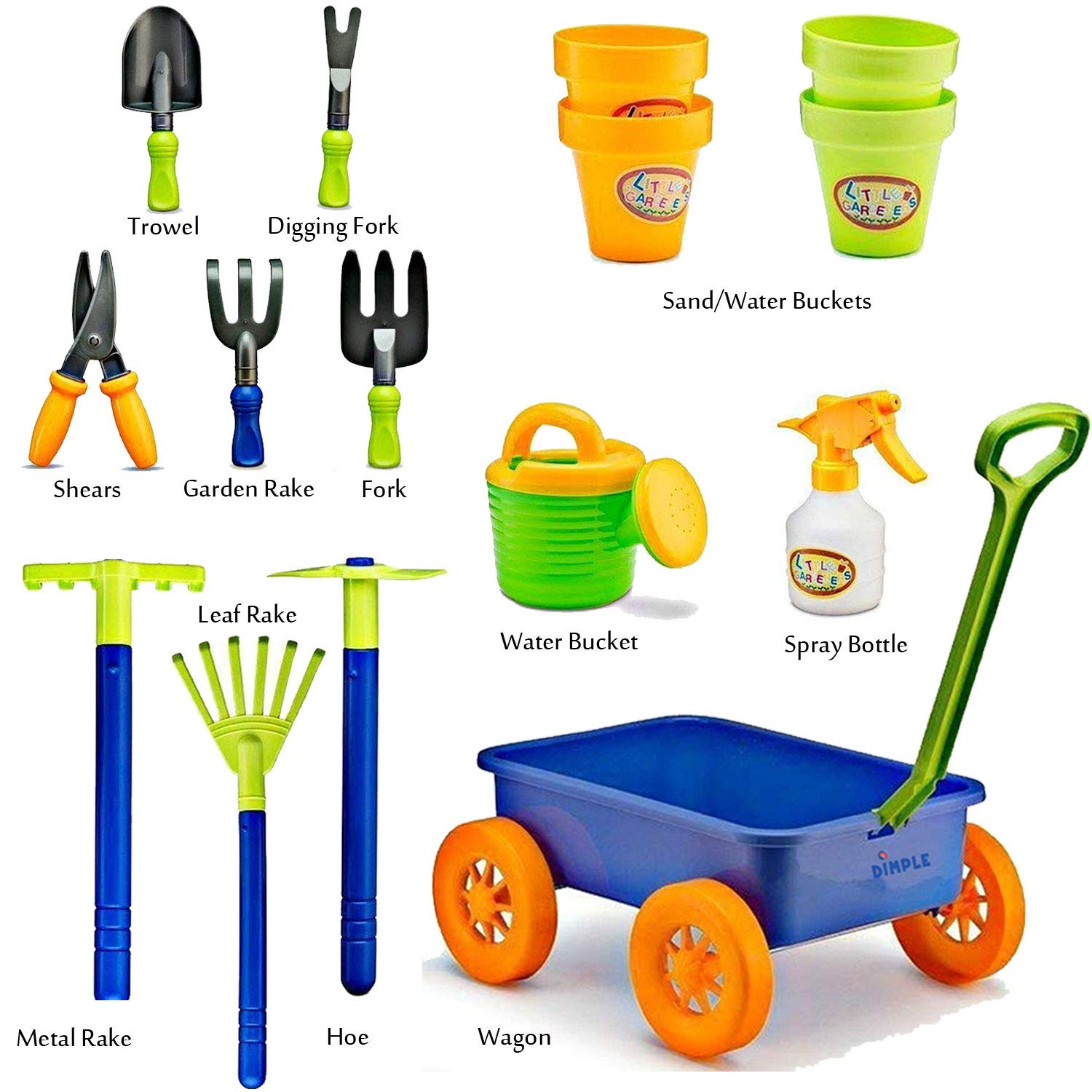 Dimple Garden Wagon & Tools Toy Set Premium 15 pcs Gardening Tools