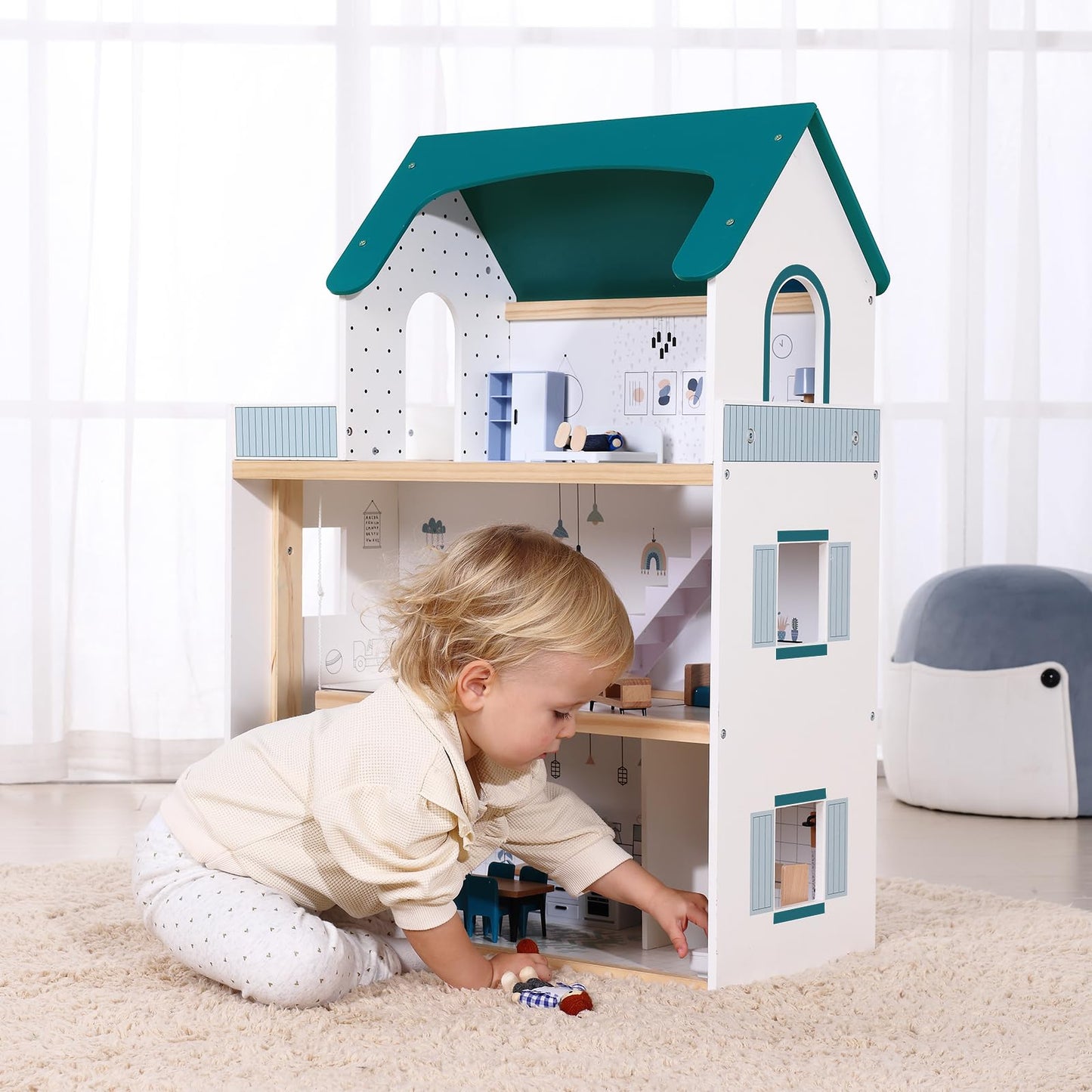 OOOK Wooden Dollhouse with Liftable Elevator - 2.6 Feet High Modern Doll House for Kids Toddlers - Including 21 Furniture Pieces, 4 Family Dolls,