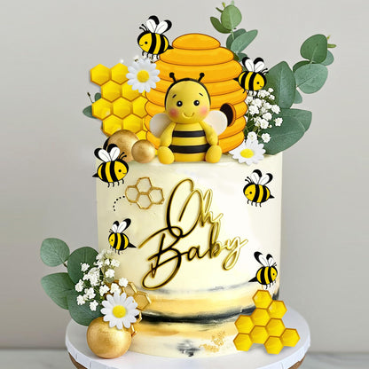 Bee Cake Topper with Bee Ornament Artificial Leaves Flowers Balls for Honeycomb Theme Birthday Supplies