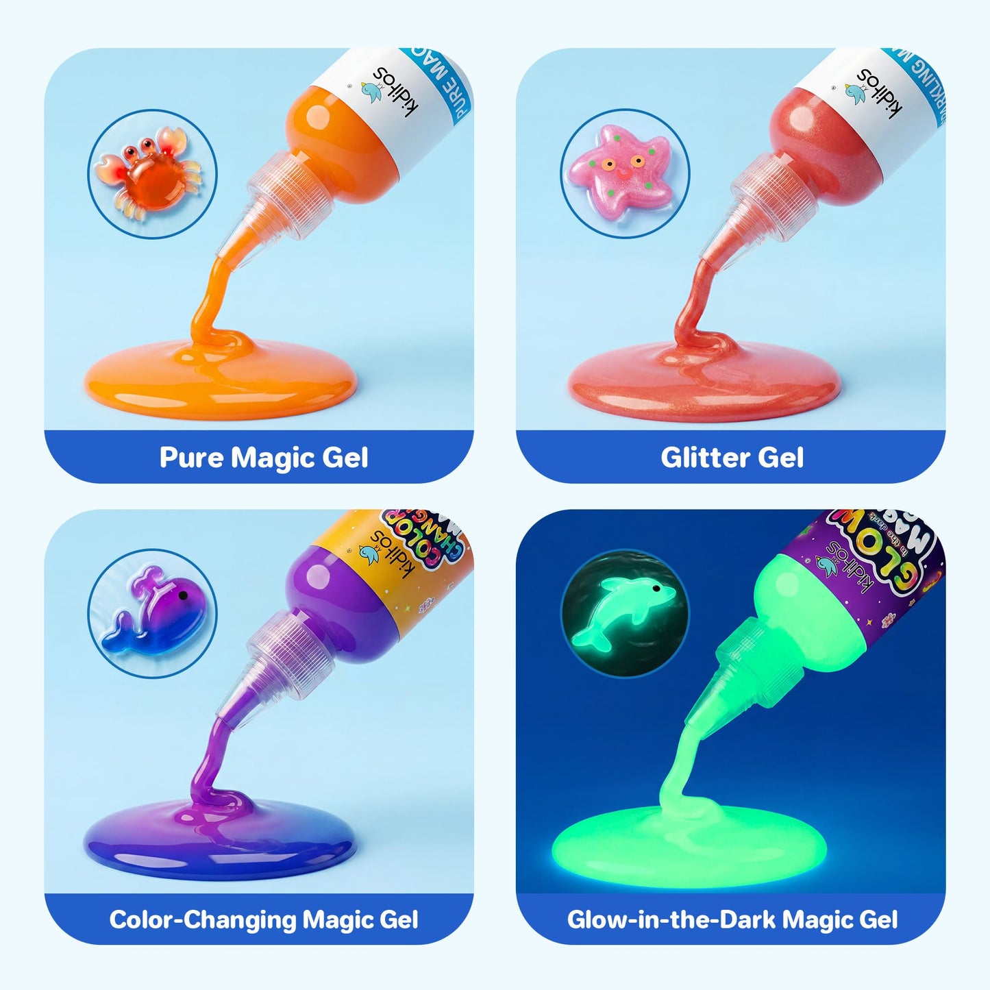 Kiditos Magic Water Elf Toy Kit-Squishies for Kids, 25 Gels & 20 Molds, Magic Gel Water Pets Sensory Toy, Fun DIY Craft Kit, Party Favors, Birthday