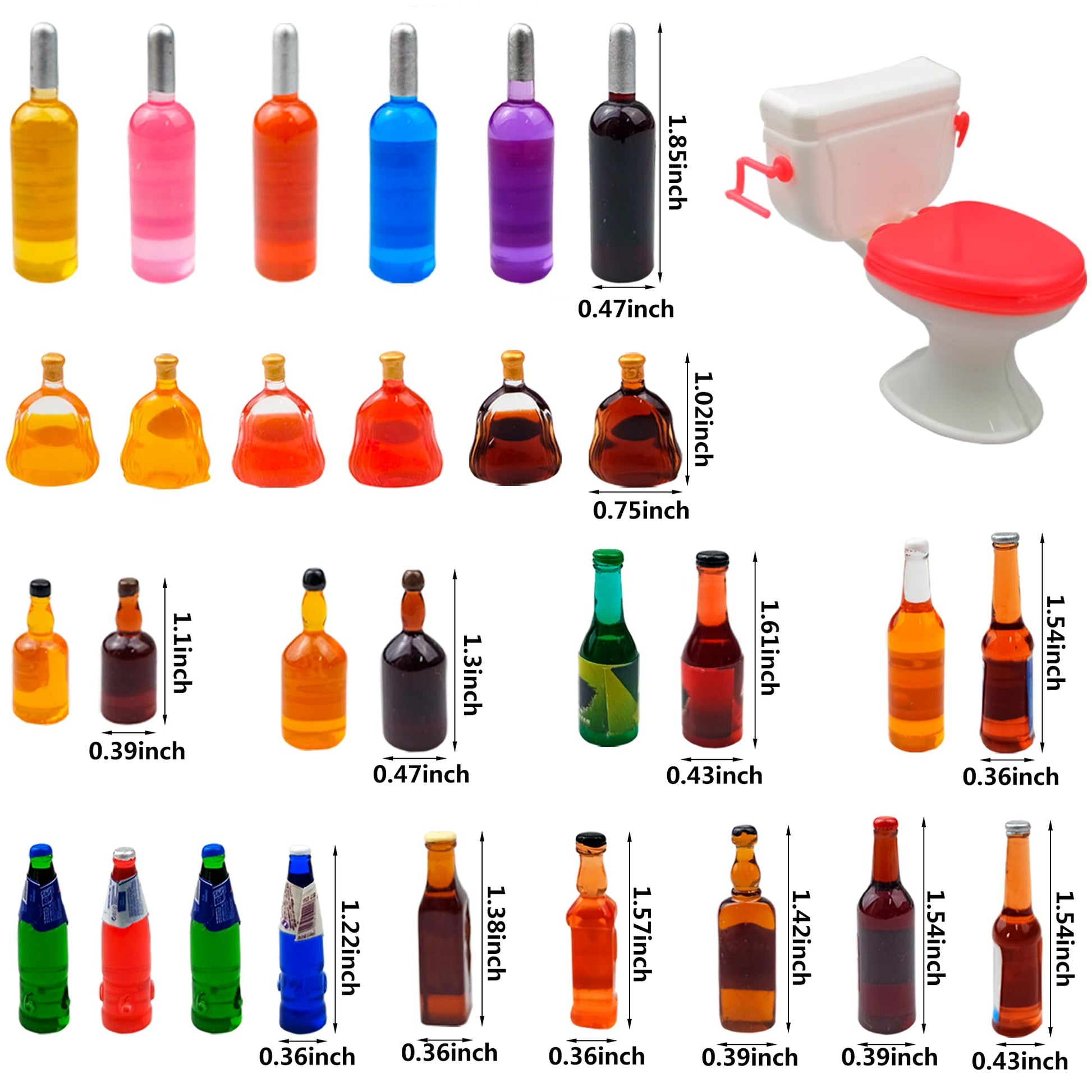 30 PCS 29 Styles Mini Wine Bottles Cake Toppers with 1 Plastic Miniature Toilet Toy Funny Dollhouse Cupcake Cake Topper Gift Set for Birthday Party