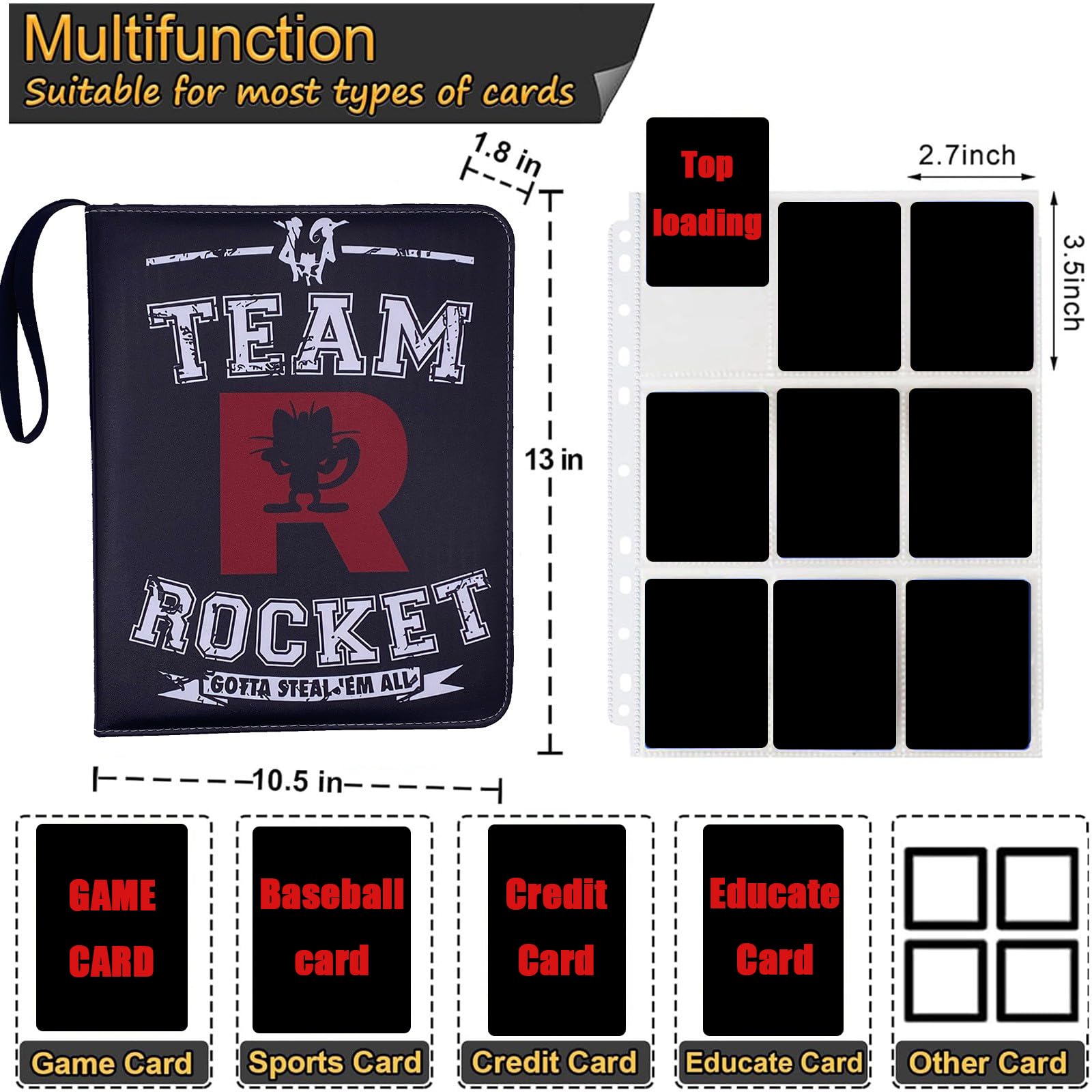 Deluxe Trading Card Binder for Collectors 900 Pockets High grade 9-Pocket Zipper Album Holder (black-9-Pocket)