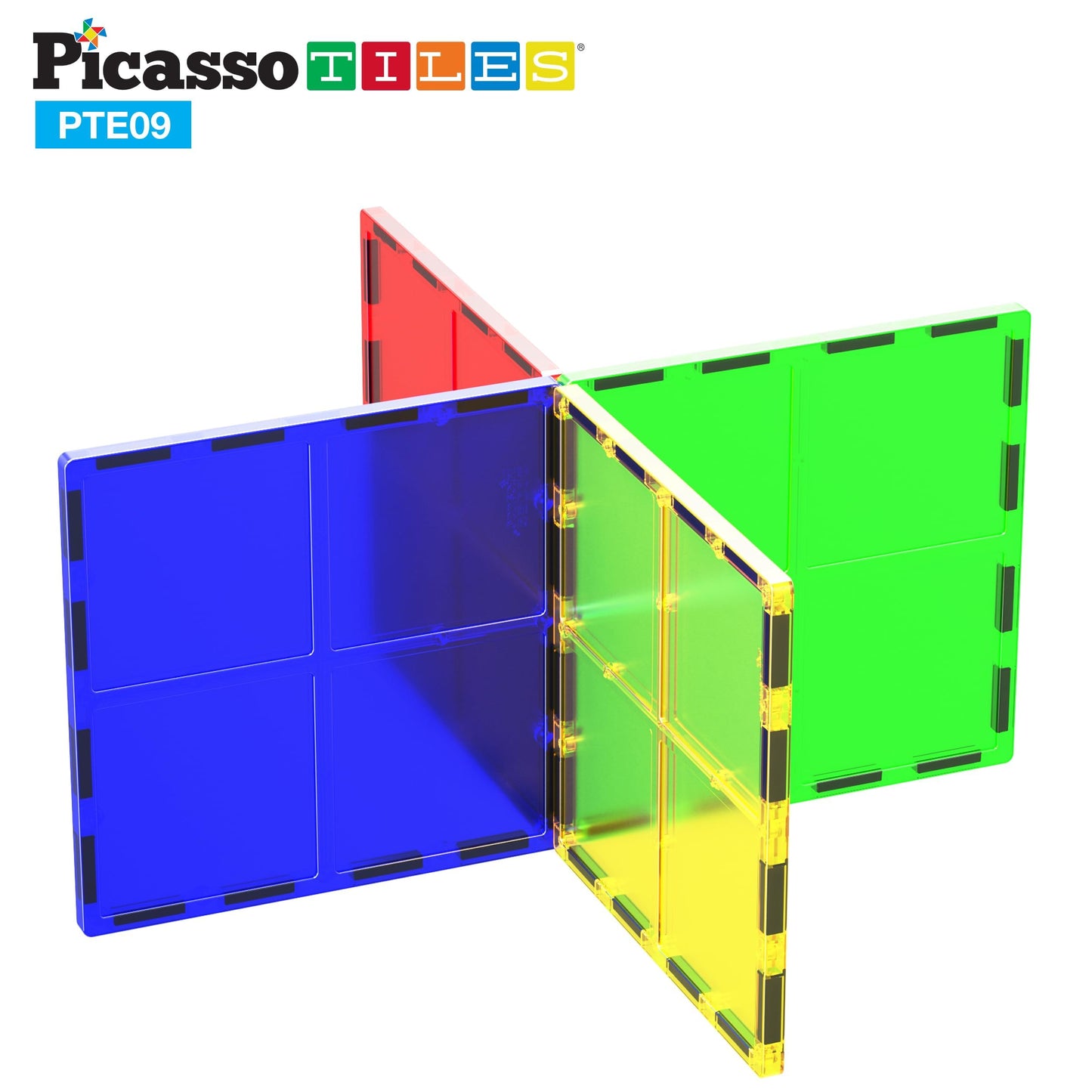 PicassoTiles 4pcs Magnetic Building Block Large Square Shape Magnet Tiles Construction Toy STEM Learning Kit Educational Playset Playboard Pretend
