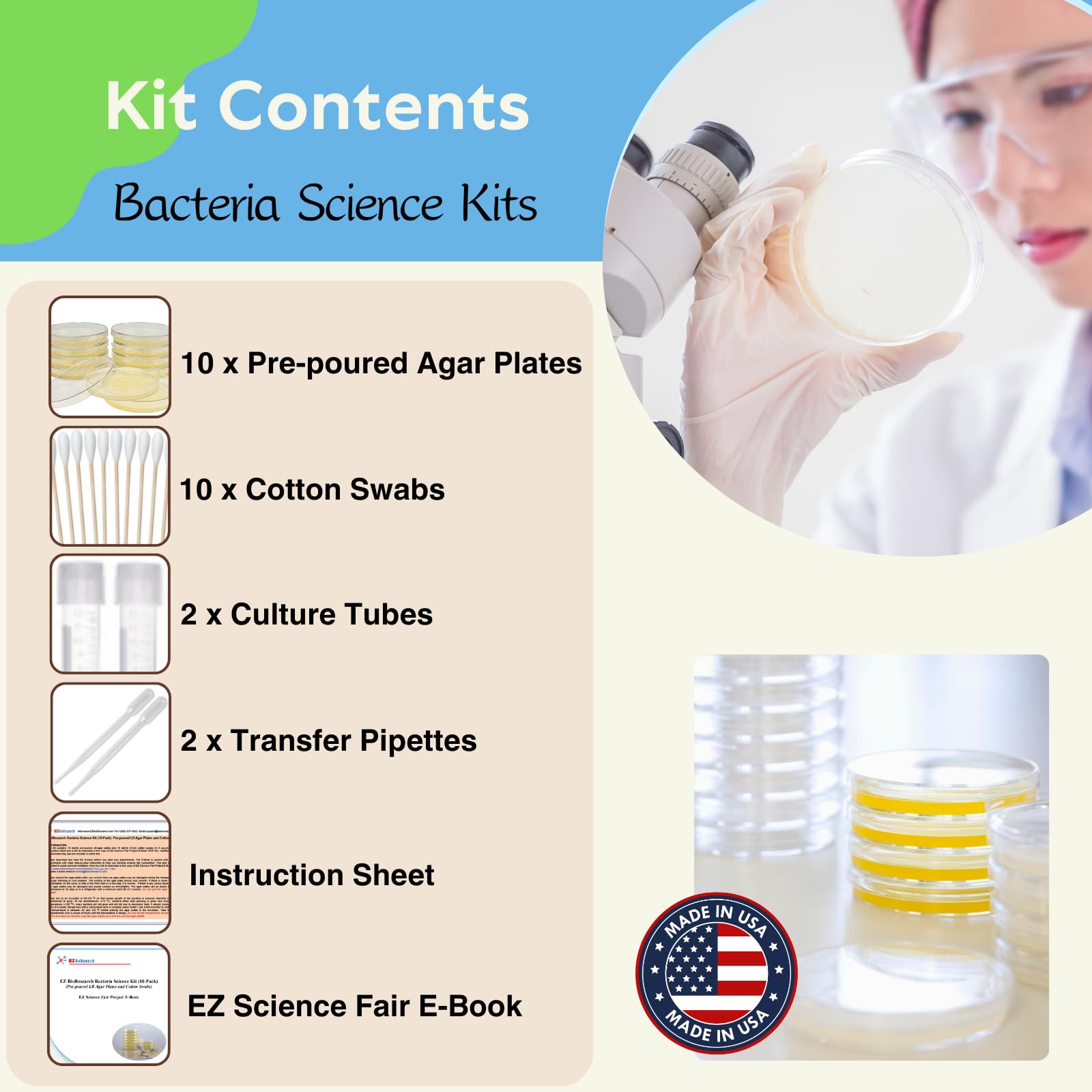 EZ BioResearch Bacteria Science Kit: Pre-poured LB Agar Plates and Cotton Swabs, E-Book for Science Fair Project with Award Winning Experiments