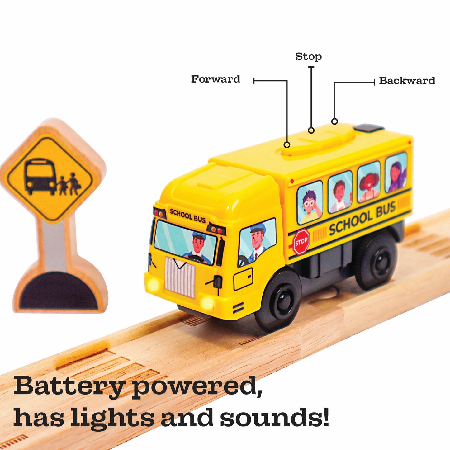 Motorized School Bus for Wooden Track - Yellow Schoolbus Themed Battery Operated - Includes Wooden Bus Stop Sign - Electric Powered Engine Toy