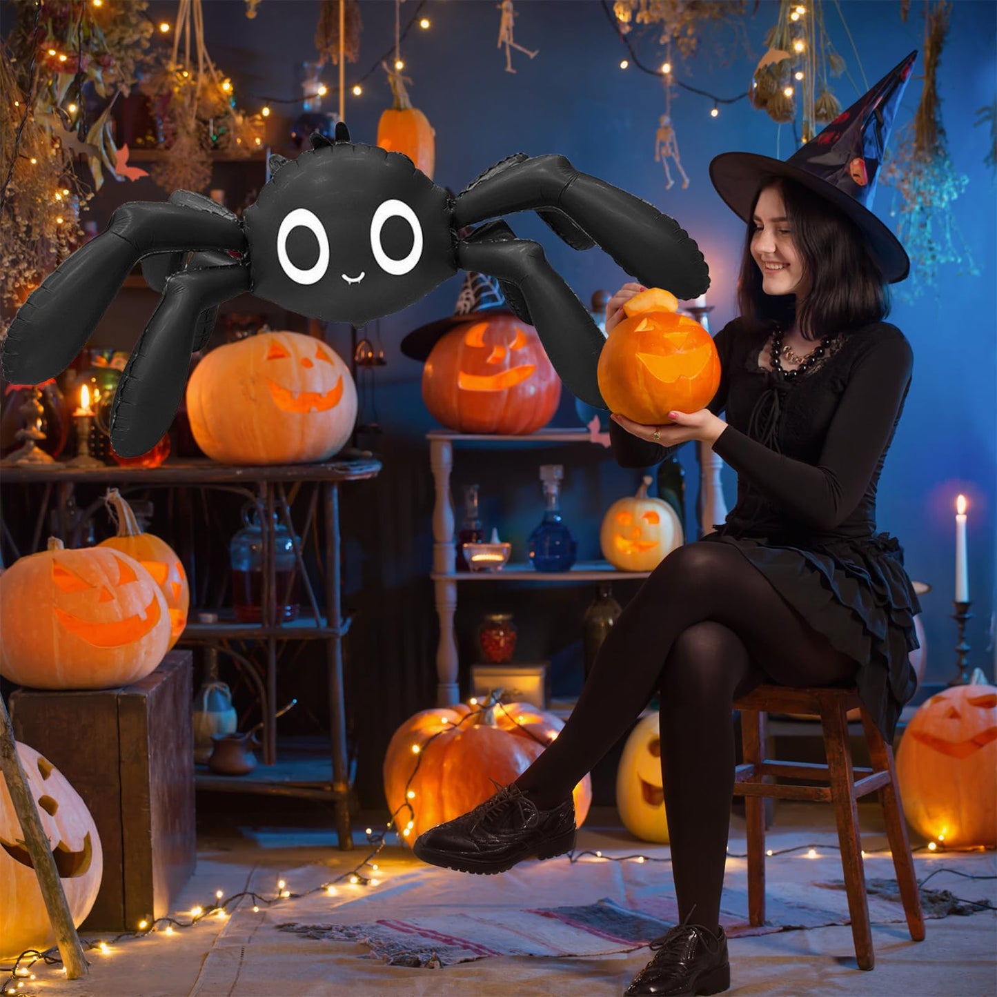 Tedercle 57 Inches Spider Foil Balloon, Large Cute 6-Legged Black Spider Design Mylar Balloon for Spooky Trick-or-Treating, Haunted House Decorations