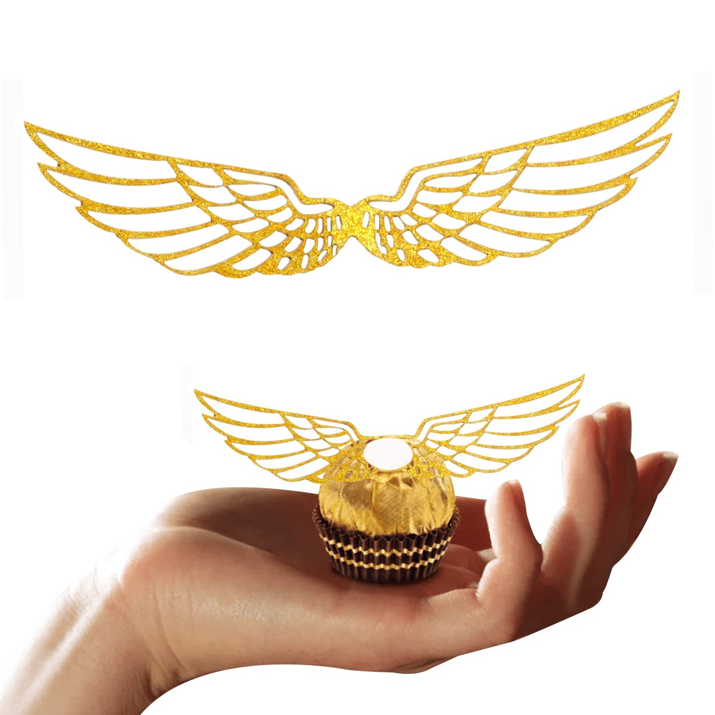 XQNRWYTU 50 PCS Golden Wings Chocolate Decor Wizard Party Chocolate Decoration Hollowed Wings Wafer Cupcake Toppers with Glue Point for Them Party