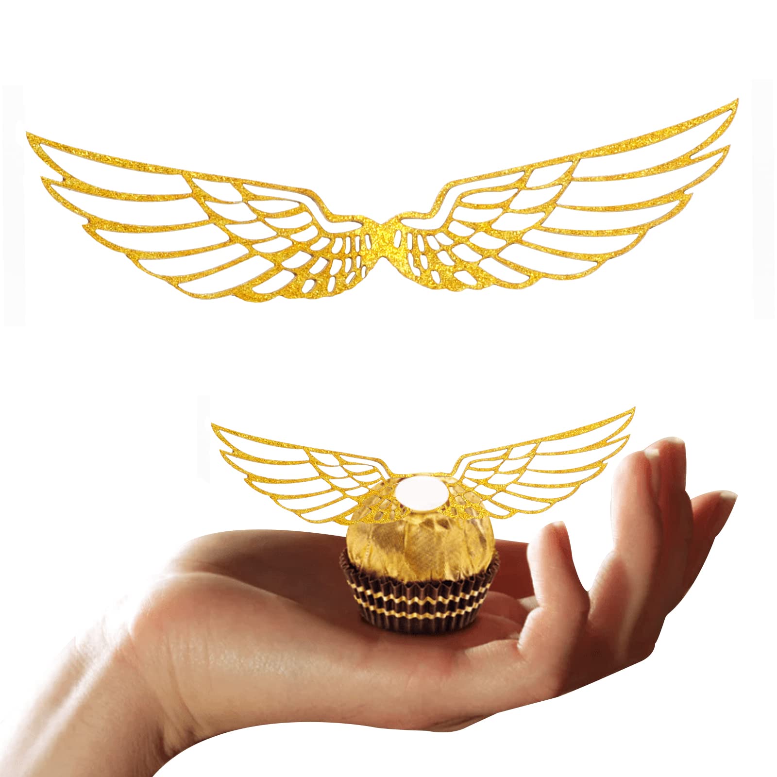 XQNRWYTU 50 PCS Golden Wings Chocolate Decor Wizard Party Chocolate Decoration Hollowed Wings Wafer Cupcake Toppers with Glue Point for Them Party