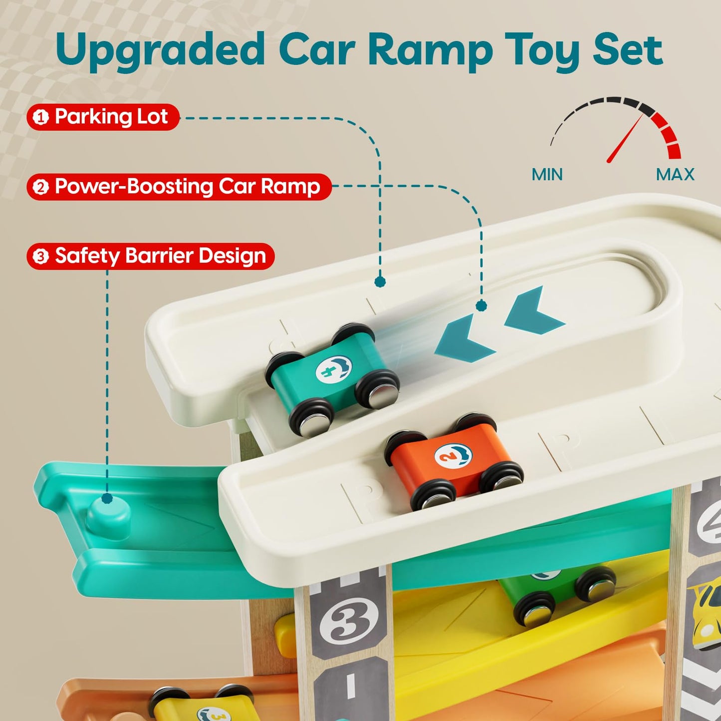 TOP BRIGHT Toddler Toys for 2 Year Old Boy, Wooden Car Ramp Race Track Set, Car Toys for Toddlers 1-3 with Cars and a Garage, Montessori Toys for 12