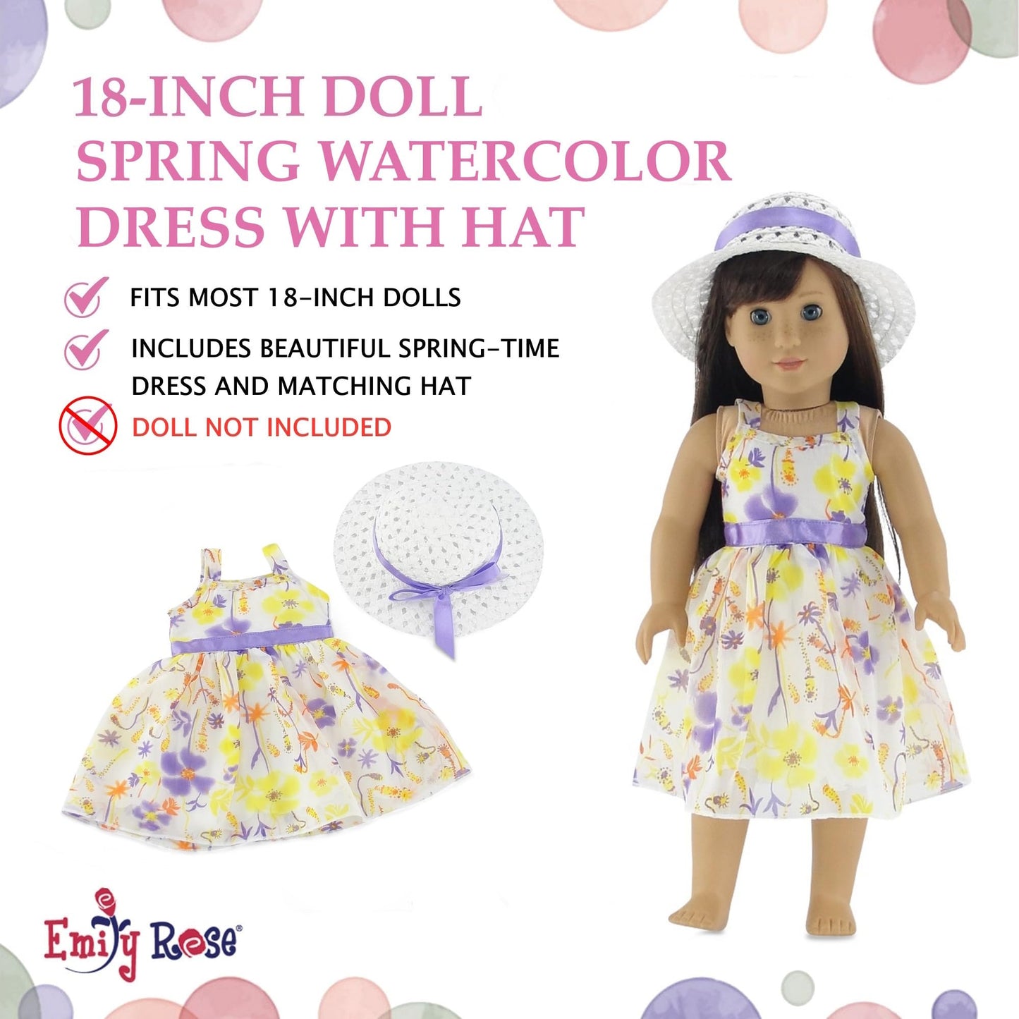 Emily Rose 18 Inch Doll Easter Spring Dress with Hat Chiffon Floral Sundress Outfit - Summer Dress & Matching Hat - Doll NOT Included - Fits American