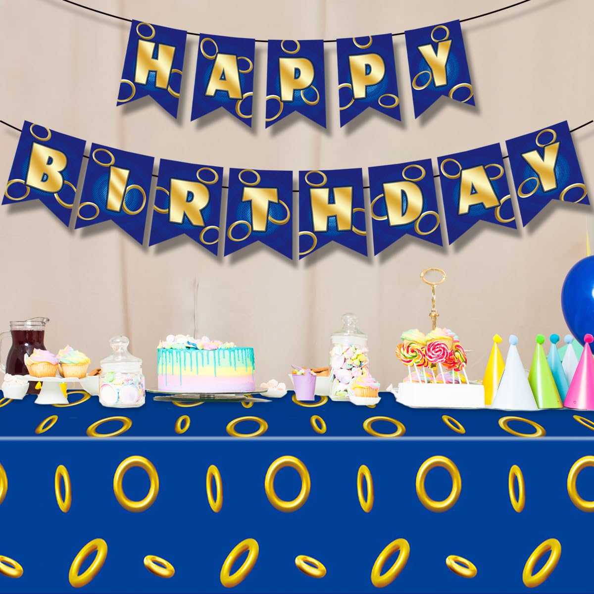 OUAOCZH 2Pcs Blue Gold Ring 108'' x 54 ''Tablecloth and Banner Disposable Rectangle Rings TableCover for Boys Girls Birthday Party Supplies
