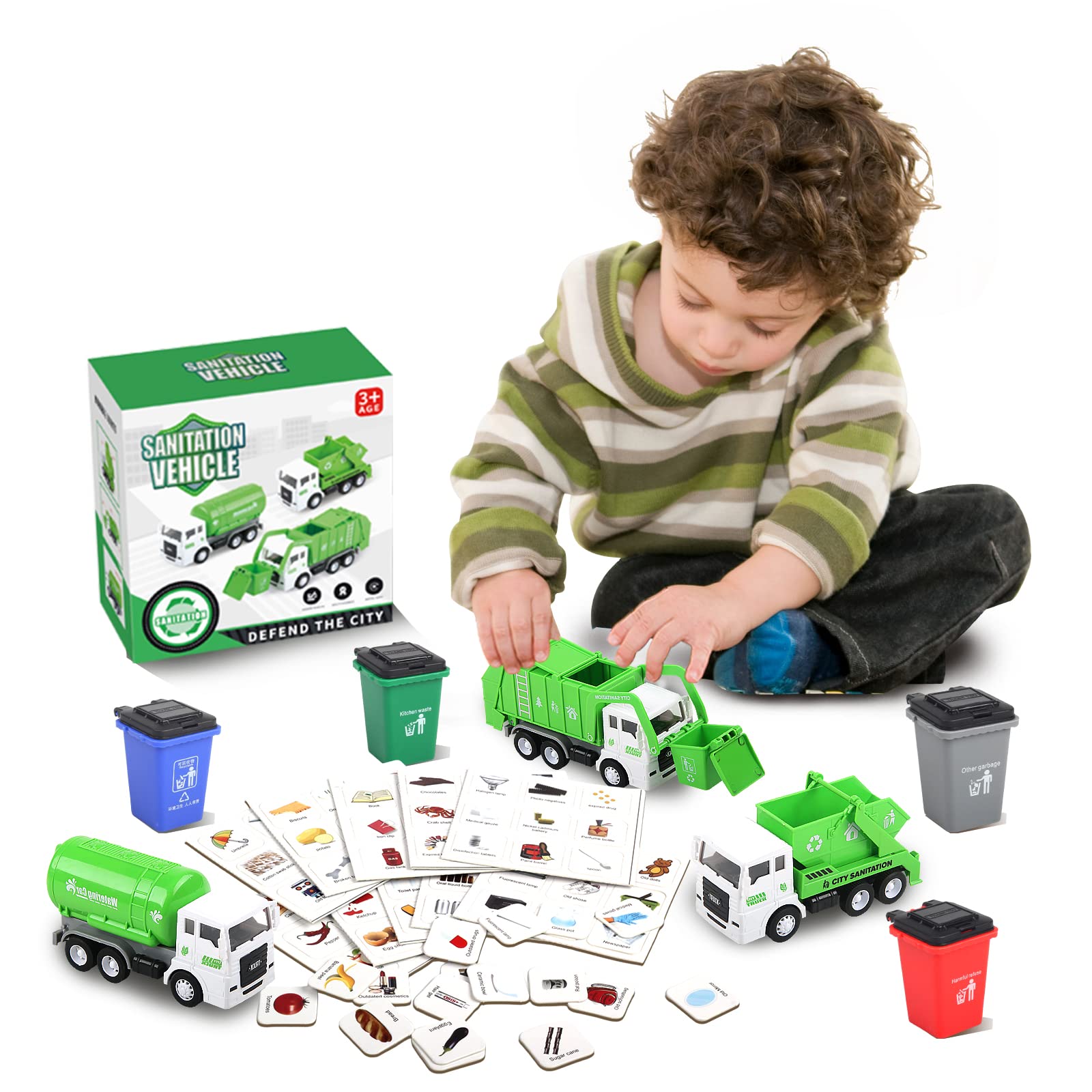 Y.L. DOYMX Garbage Truck Toy, 3 Pack Friction Powered Waste Management Garbage Truck Game with Front Load Dumpster, Back Dump Garbage,4 Trash Bins