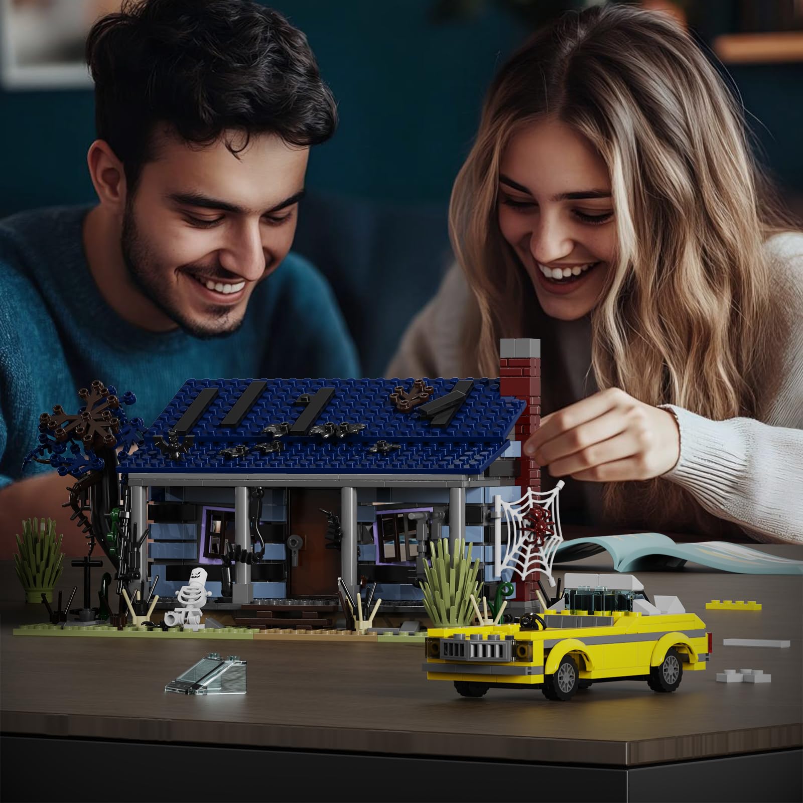 Evil House Building Set, Deadly Darkness House Compatible with Lego Halloween Horror House with Movable Car Haunted House Toy Model, Collectible Gift