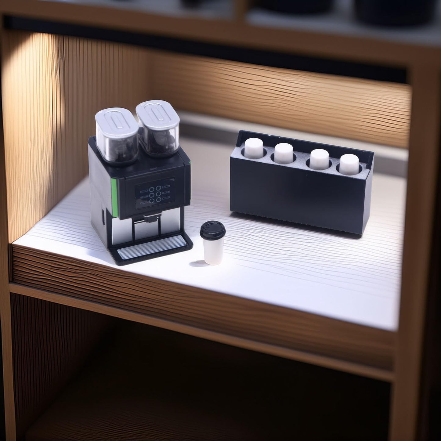 1:12 Scale Miniature Coffee Machine Set, Modern Dual-Hopper Brewer & Cups, Realistic Kitchen Appliance for Dollhouse, Diorama Cafe & Office Scenes