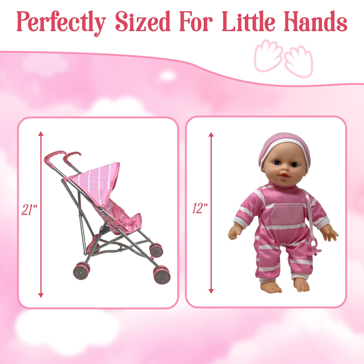 Baby Doll with Stroller Set - 12" Baby Doll with Pacifier Gift Set - Pink Fabric Baby Stroller Toy for Kids - Foldable Play Stroller for Dolls