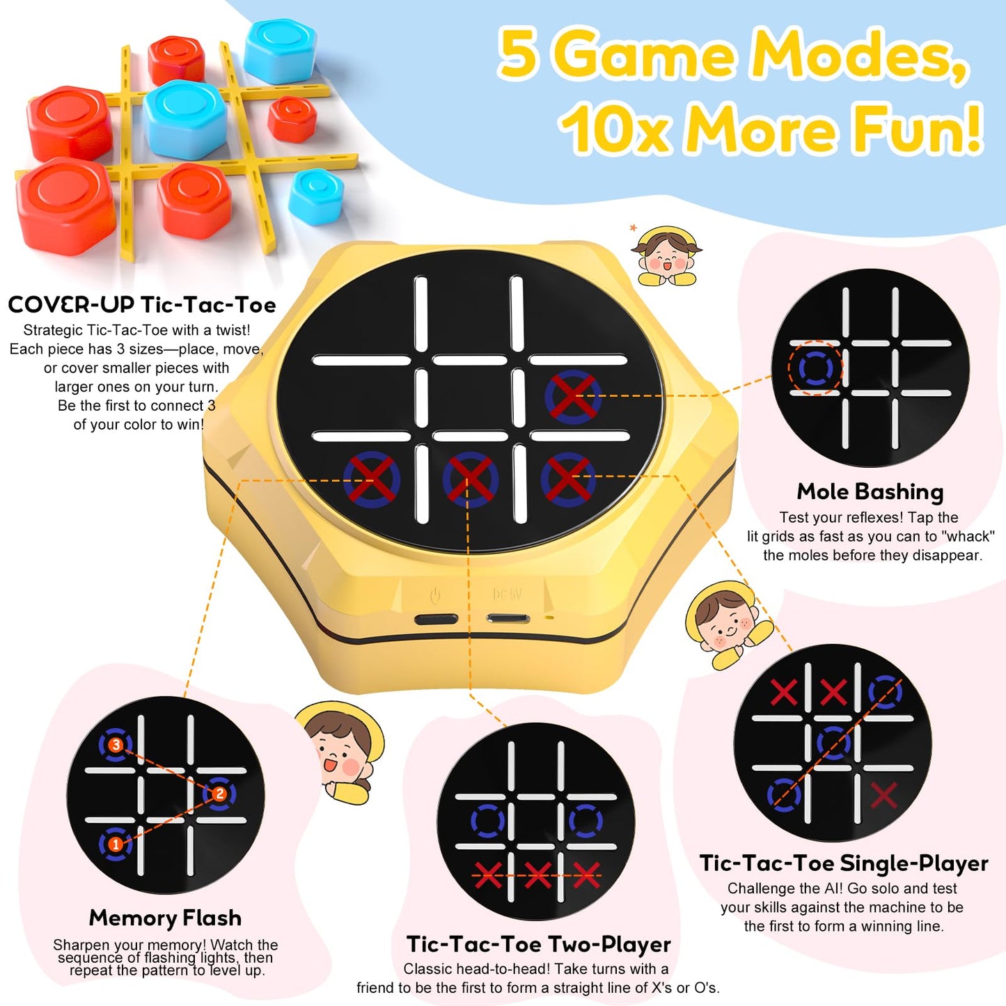 Tic Tac Toe Handheld Game Bolt : VORQXIN Digital Electronic Brain Teaser - 5 in1 Portable Mini Console Mute Function Travel Games for Car Ride,Unique
