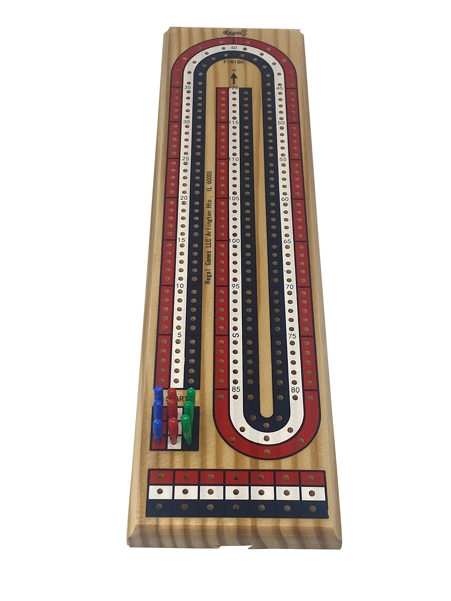 Regal Games Cribbage Board Game Set with Unique Wooden Cribbage Board (11" x 4.5" x 2.75") & 9 Multi-Colored Cribbage Pegs - Family Fun Game Night