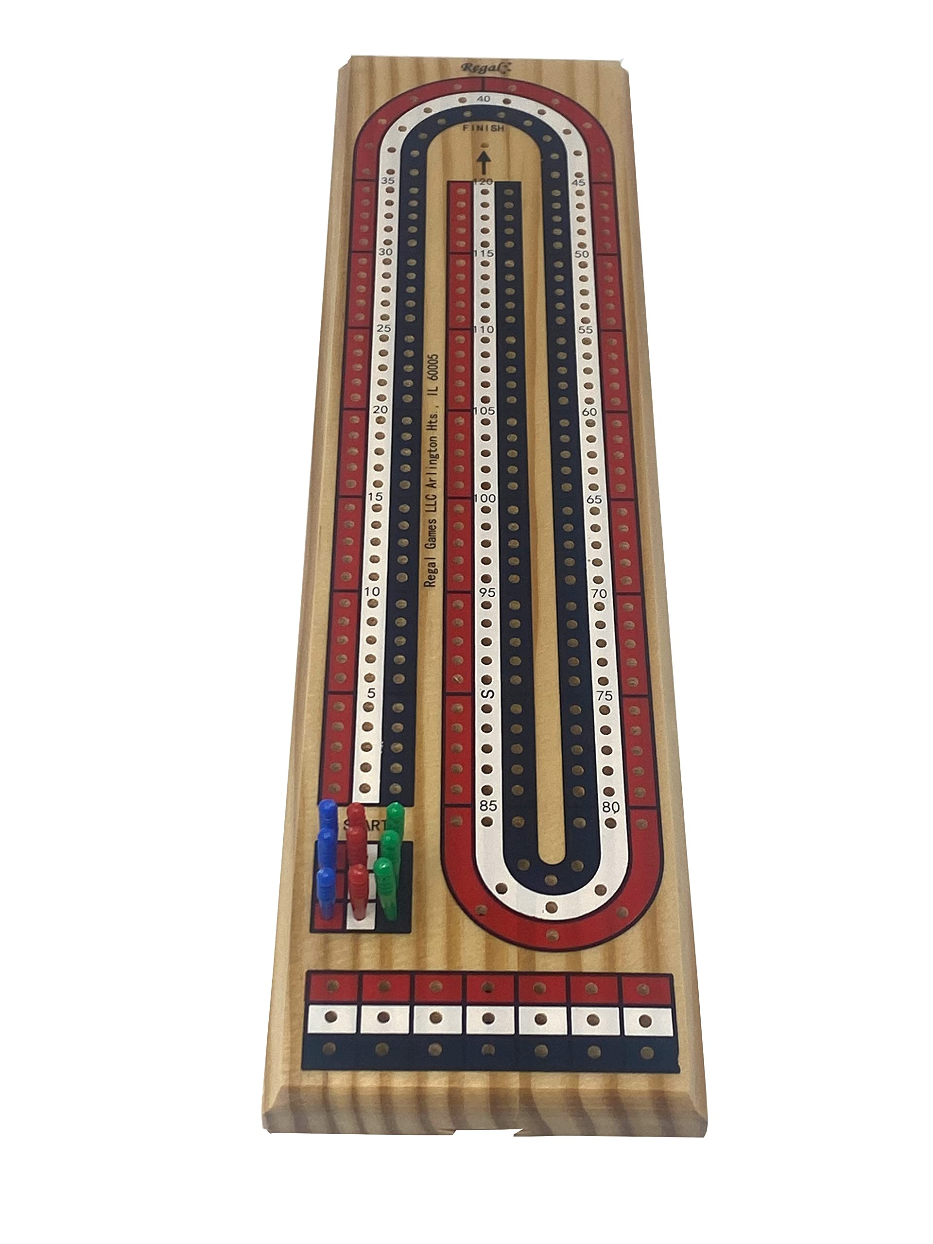 Regal Games Cribbage Board Game Set with Unique Wooden Cribbage Board (11" x 4.5" x 2.75") & 9 Multi-Colored Cribbage Pegs - Family Fun Game Night