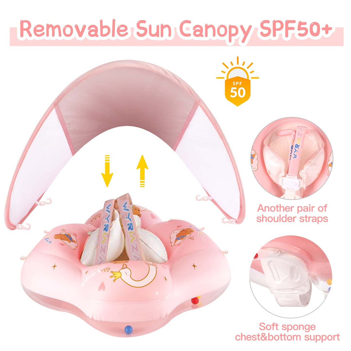WYRIAZA Baby Pool Float with Canopy Baby Swimming Spring Float Infant Newborn Toddler Inflatable Float with UPF50+ Sun Protection Canopy Swim Water