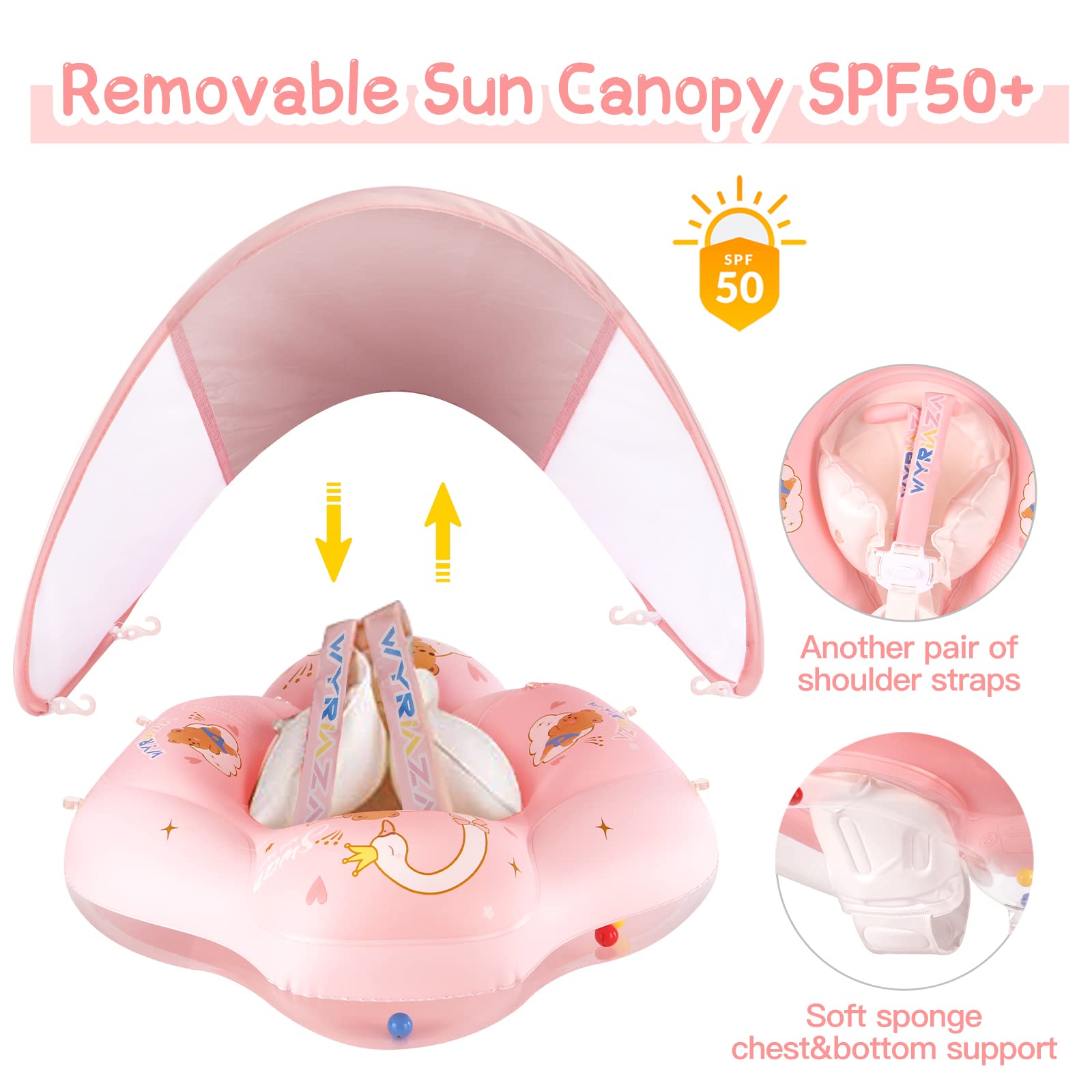 WYRIAZA Baby Pool Float with Canopy Baby Swimming Spring Float Infant Newborn Toddler Inflatable Float with UPF50+ Sun Protection Canopy Swim Water