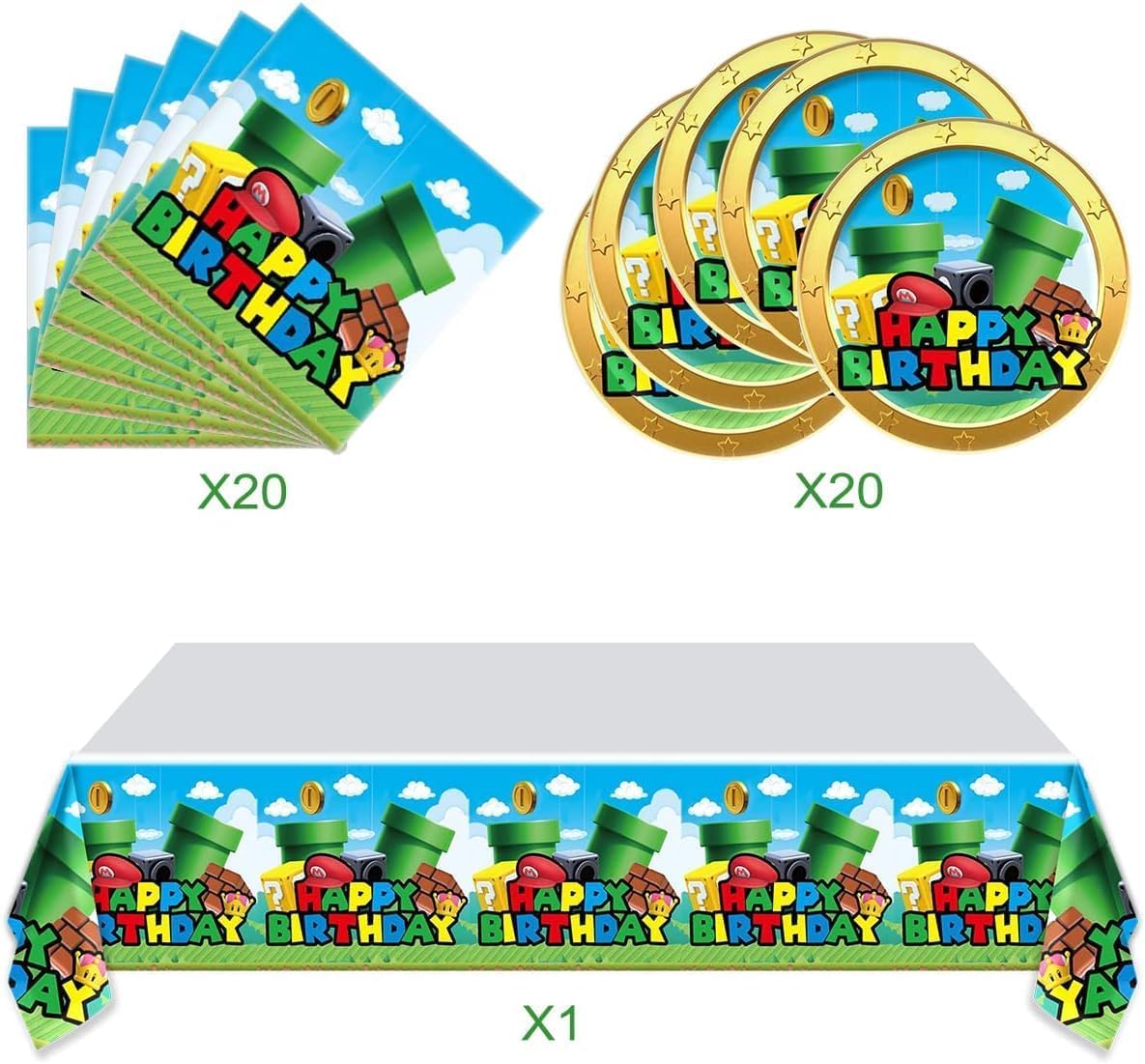FOR Mario Party Tableware, 20 Plates and 20 Napkins and Tablecloth71 '' x 42 ''Super Bros Birthday Party Decorate Supplies