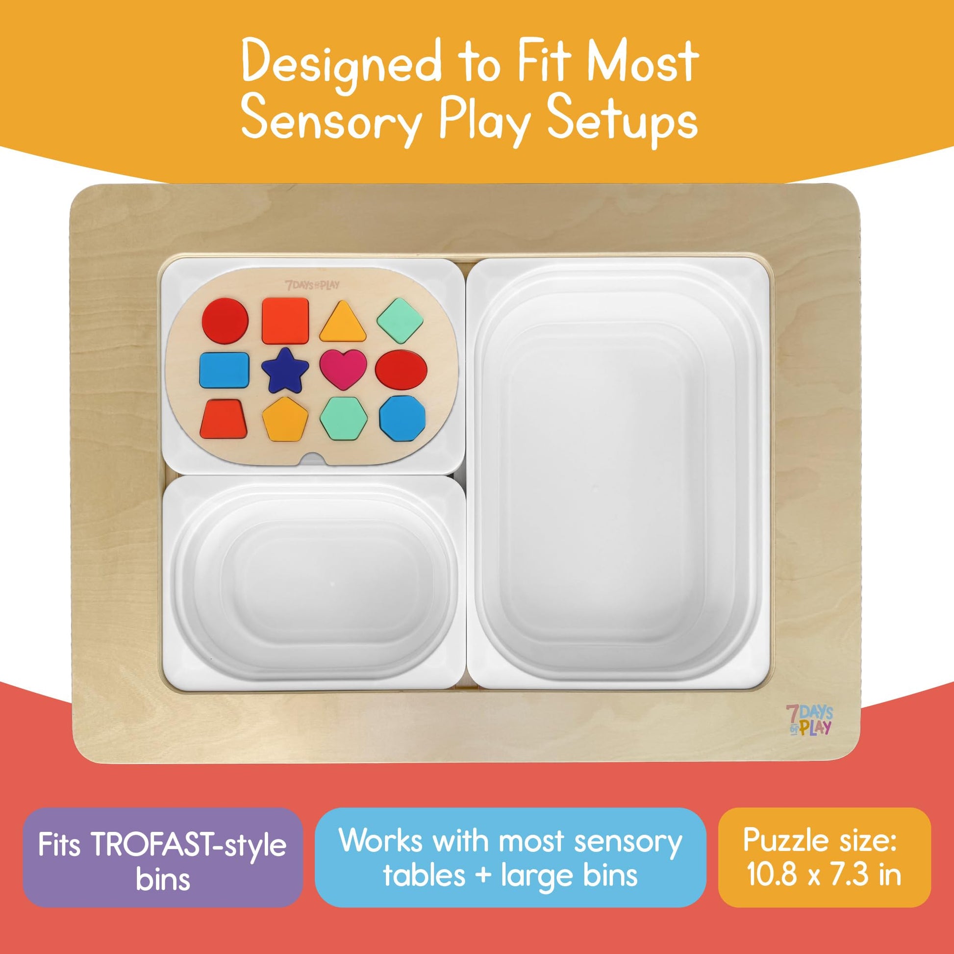 7 Days of Play Shape Puzzle for Kids, Sensory Bin Insert for Sensory Tables, Silicone Geometric Shapes, Wooden Fine Motor Learning Toy