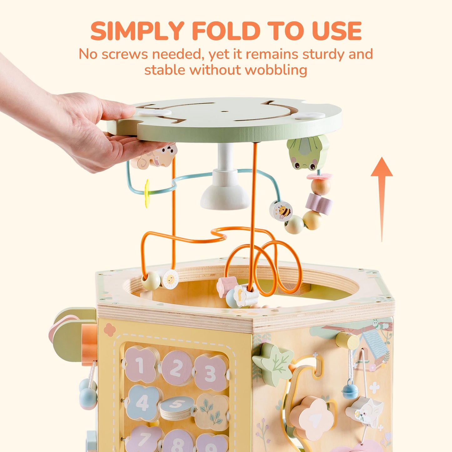 ROBUD Wooden Activity Cube, Montessori Toys for 1+ Year Old, Educational Toy with 13 Functional Areas, Fountain Garden Theme for Baby Boys & Girls
