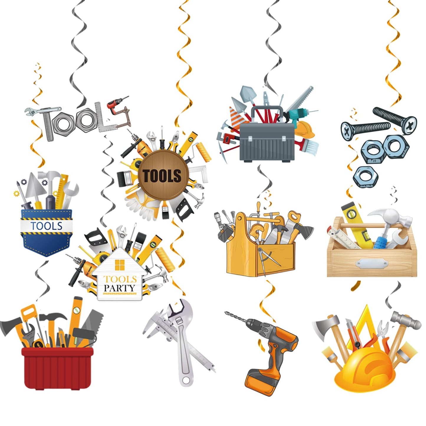 24 Pcs Tools Hanging Decorations Tools Hanging Swirls Ceiling Swirls Tools Birthday Party Supplies for Tools Party Decorations Toolbox Decorations