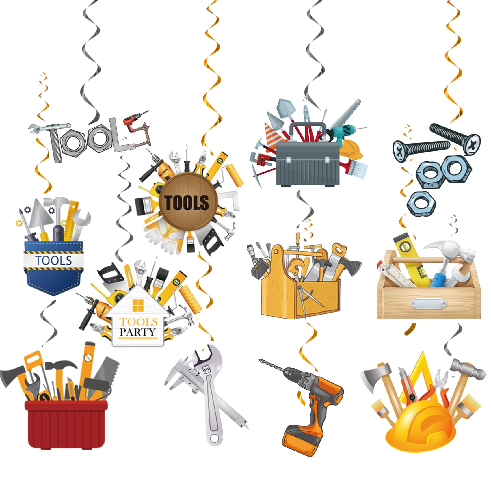 24 Pcs Tools Hanging Decorations Tools Hanging Swirls Ceiling Swirls Tools Birthday Party Supplies for Tools Party Decorations Toolbox Decorations
