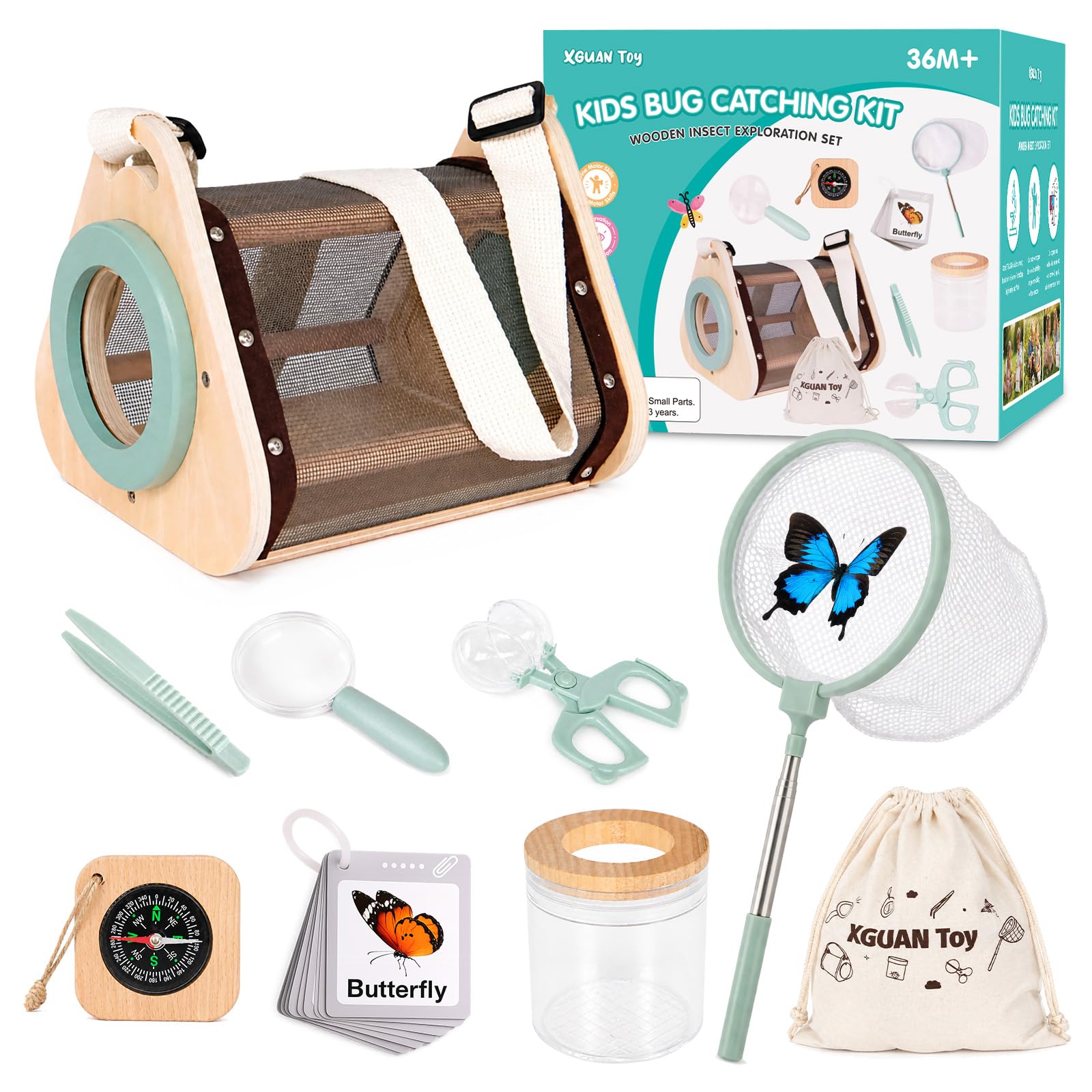 Bug Catcher for Kids, Wooden Bug Catching Outdoor Toys for Ages 4-8, STEM Explorer Activities with Butterfly Net Magnifying Glass Tweezers Insect