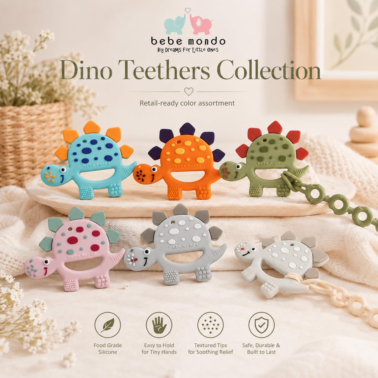 Bebe Mondo Dinosaur Baby Teething Toys 3-6 6-12 Months, Teethers for Babies 0-3-6-12 Months for Teething Relief, Baby Gift, Baby Teether Toys