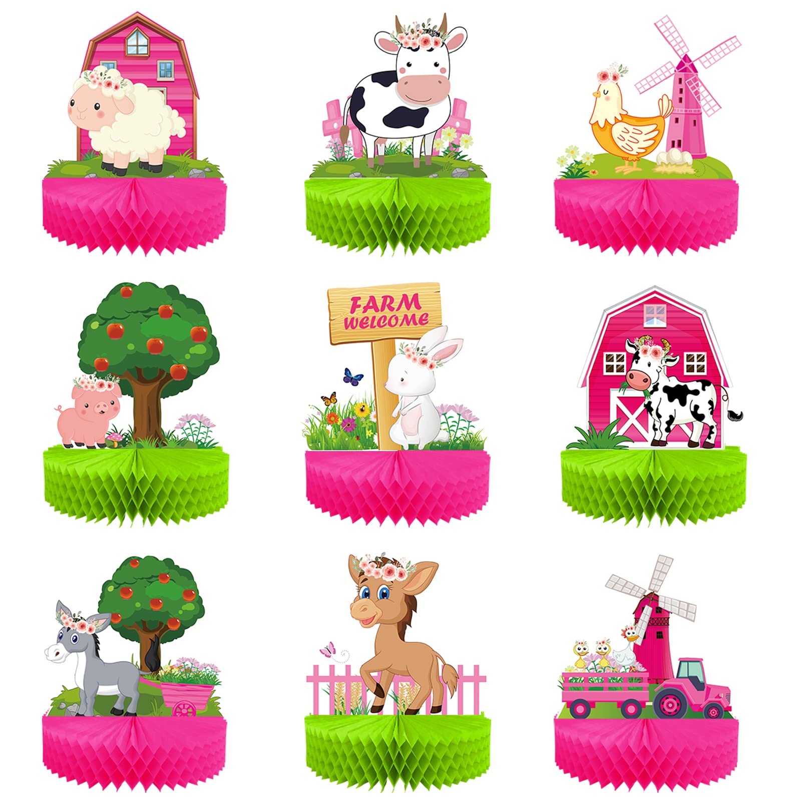 PHIAMOLY 9 Pcs Farm Animal Honeycomb Centerpiece Farm Birthday Party Supplies Farm Theme Indoor and Outdoor Table Decorations barn Party Supplies