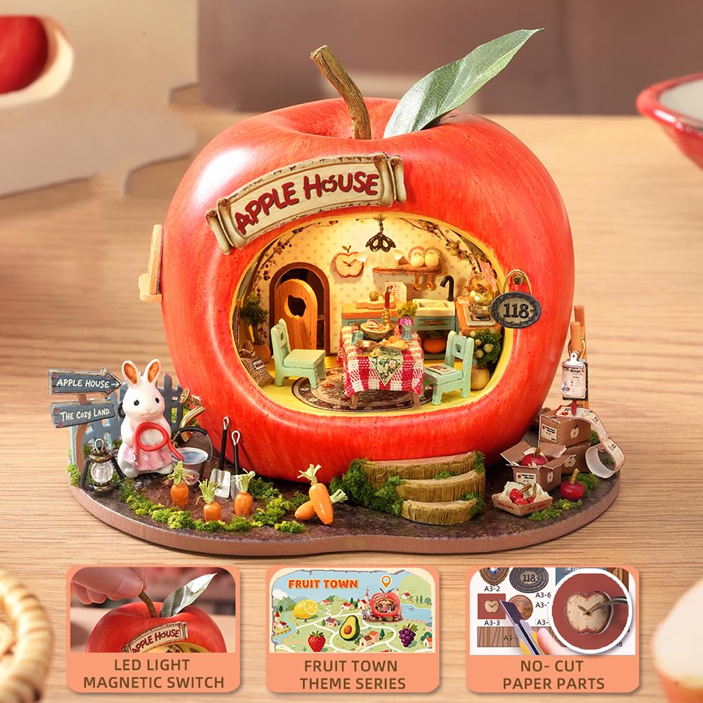 IiecrKiie DIY Miniature Dollhouse Set with Furniture and LED Lighting, Creative Room Handicraft Gift (Apple House)
