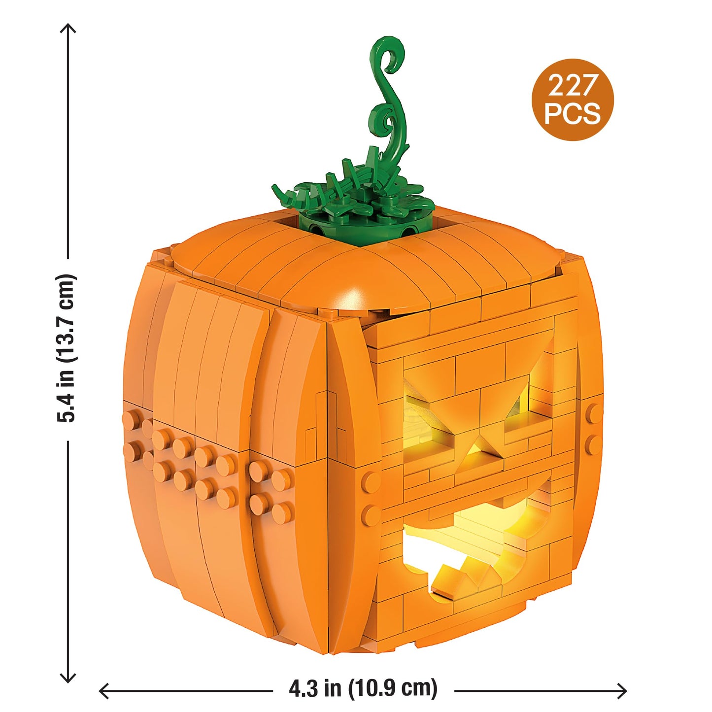 Brickcraft Brick O’-Lantern Building Kit, 233 Pieces | Halloween Pumpkin Decoration with 3 Interchangeable Faces & 2 Flickering Light Bricks | DIY