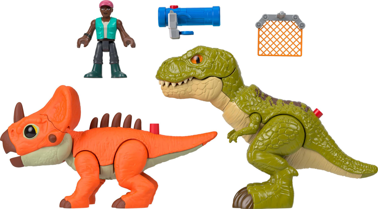 Fisher-Price Imaginext Jurassic World Rebirth Playset, T. tex Toy Gift Pack with 3-inch Human Action Figure, 2 Dinosaurs & Accessories