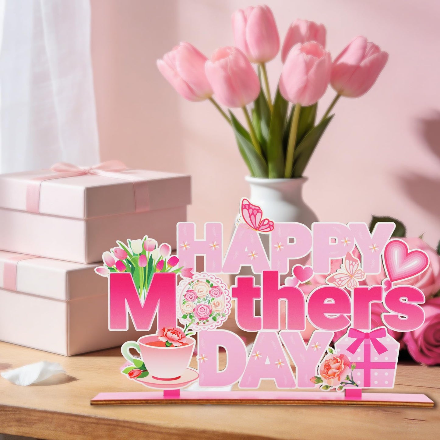 Mothers Day Decorations for Party Wooden Table Centerpieces 11.8x6.8 Inch Happy Mothers Day Decorations Sign Pink Wood Table Topper for Home Kitchen
