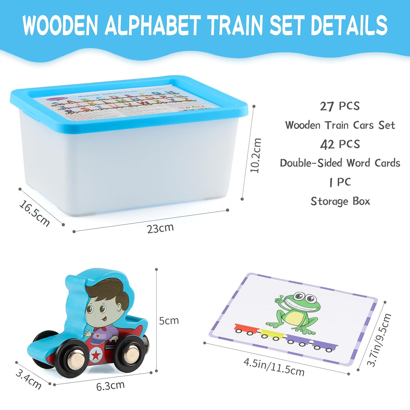 Wondertoys Wooden Alphabet Train Toy 27 PCS Magnetic Alphabet ABC Letter Train Set Includes 42 PCS Flash Cards, 1 Engine and 1 Storage Box