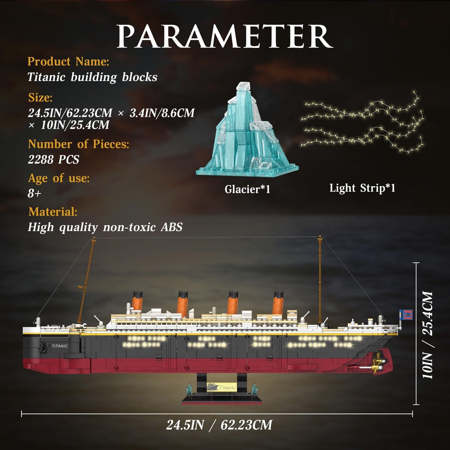 Zylvoxia Titanic Building Set, 2288 Pcs Titanic Big Ship Model Block Set with Glacier and Glowing Light Strip, Giant Ship Building Model Set