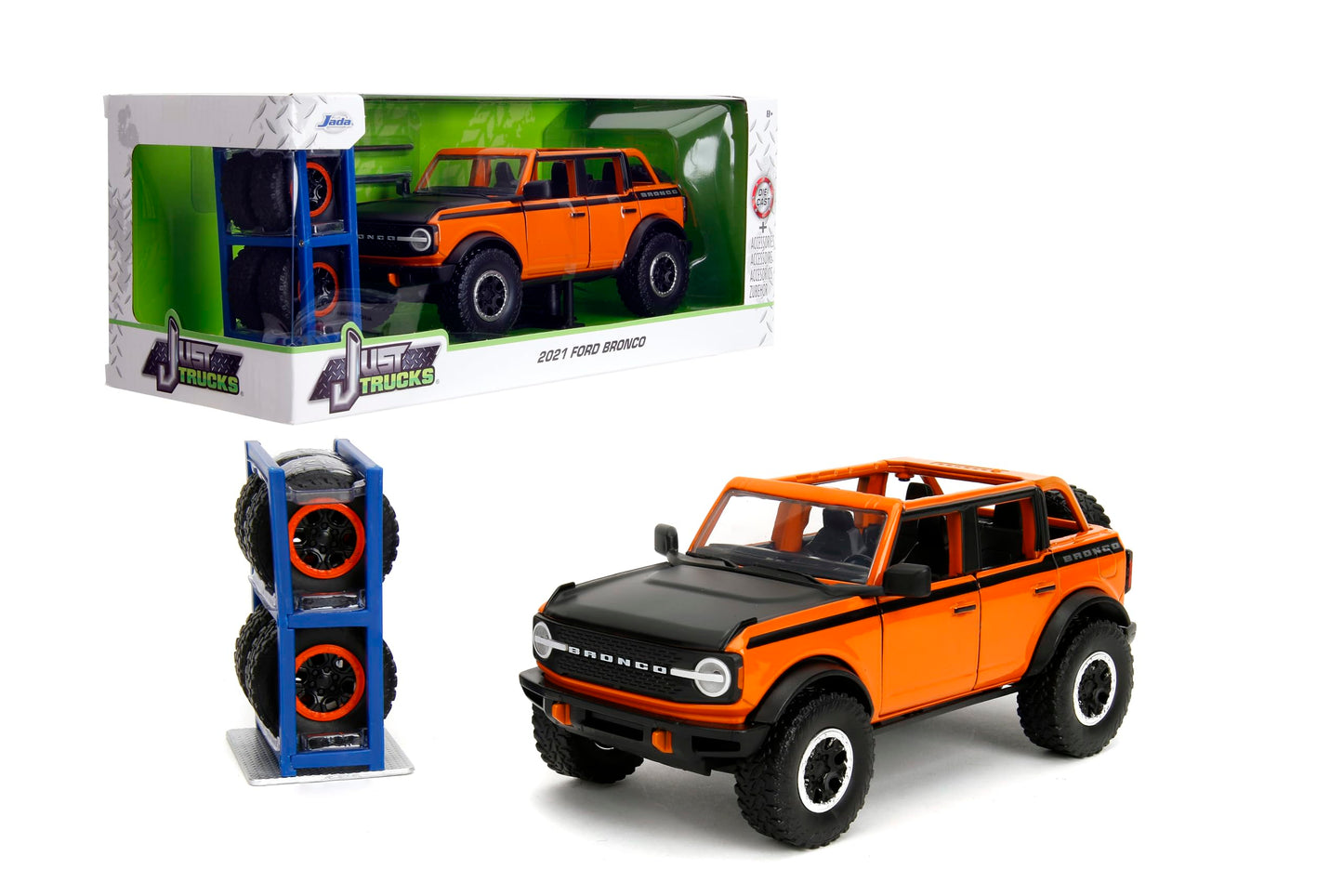Jada Just Trucks 1:24 2021 Ford Bronco Die-Cast Car & Tire Rack, Toys for Kids and Adults(Orange)