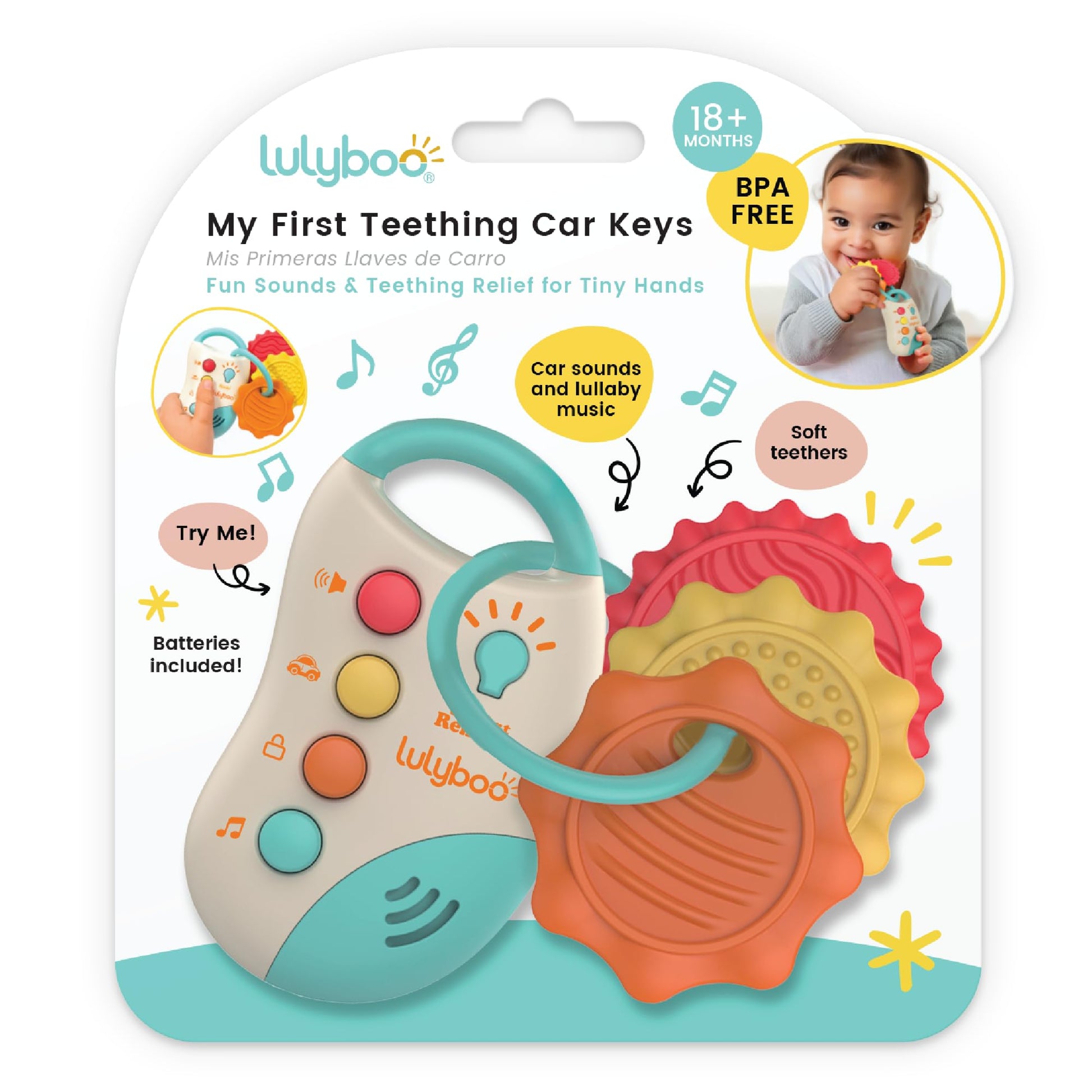 Lulyboo My First Teething Car Keys: BPA-Free Silicone teether with Soft Textures, Gentle Gum Relief, Light-up Button and car Sounds. Easy-Grasp Key