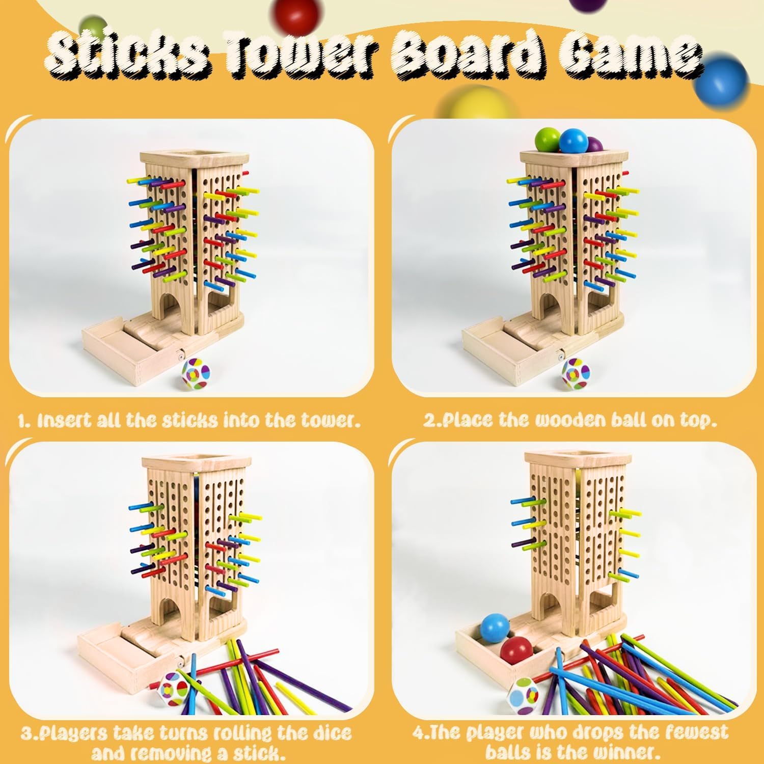 twivah 4-in-1 Board Game for Kids, Wooden Sorting & Stacking|Pick-up Sticks|Counting|Ball Drop Tower, Family Games for Kid and Adult, Montessori STEM