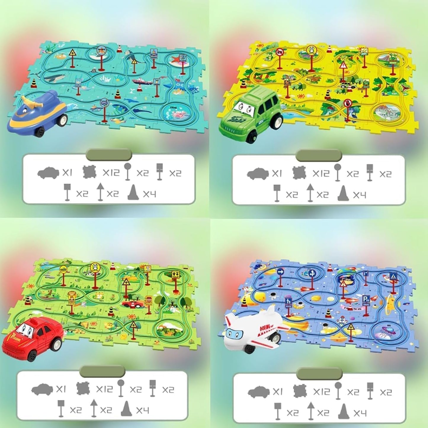 Christmas Stocking Stuffer 4 Sets 4in1 Puzzle Racer Kids Car Track Set,4 Theme Puzzle Racer Car Track Set Puzzle Track Car Play Set Puzzle Raceway Car