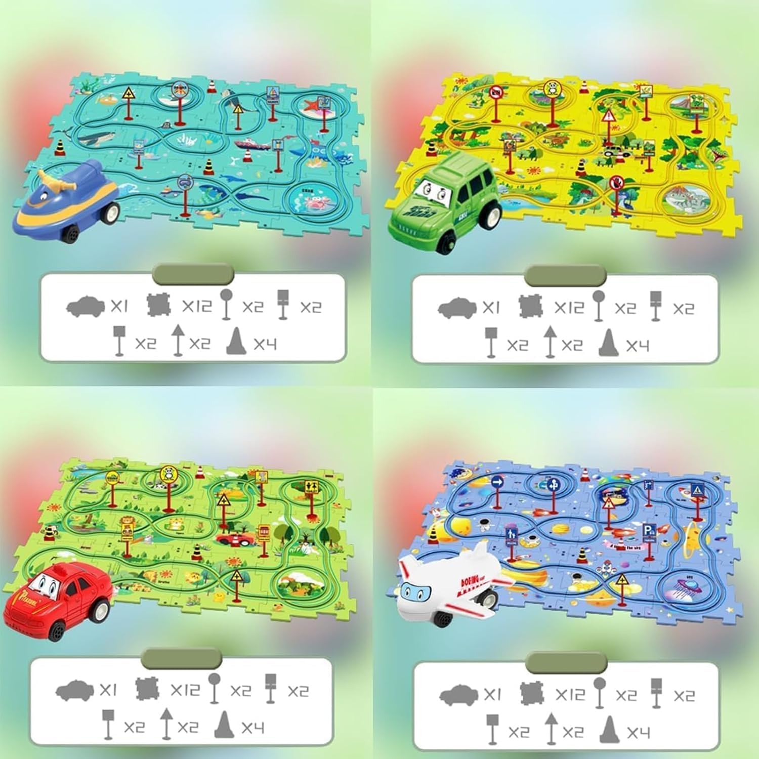 Christmas Stocking Stuffer 4 Sets 4in1 Puzzle Racer Kids Car Track Set,4 Theme Puzzle Racer Car Track Set Puzzle Track Car Play Set Puzzle Raceway Car