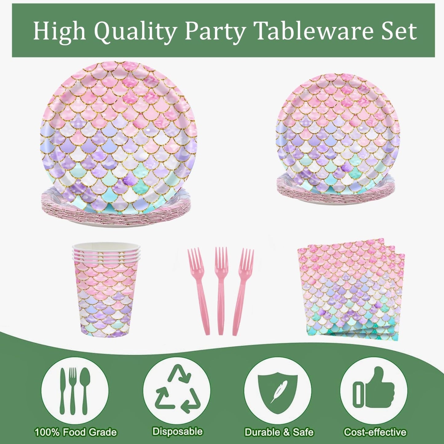 122 Pcs Mermaid Plates and Napkins Birthday Party Decorations for 24