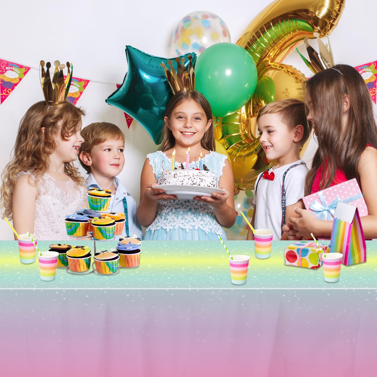 BASHLY 3-Pack Rainbow Tablecloths - 86"x51" Plastic Pastel Table Cloths Rainbow Party Decorations for Girl Birthday, Princess Party, Baby Showers