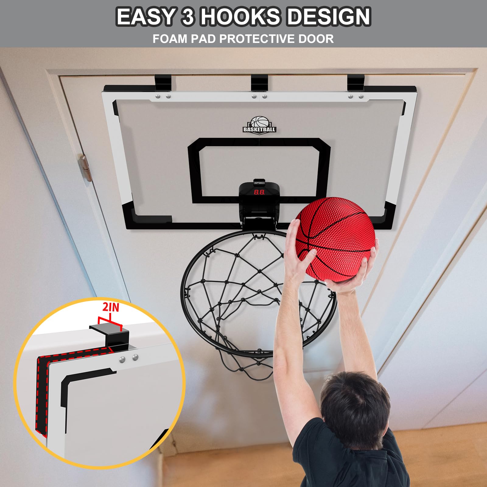 HYES 24" x 16" Large Over The Door Basketball Hoop Indoor with Scoreboard