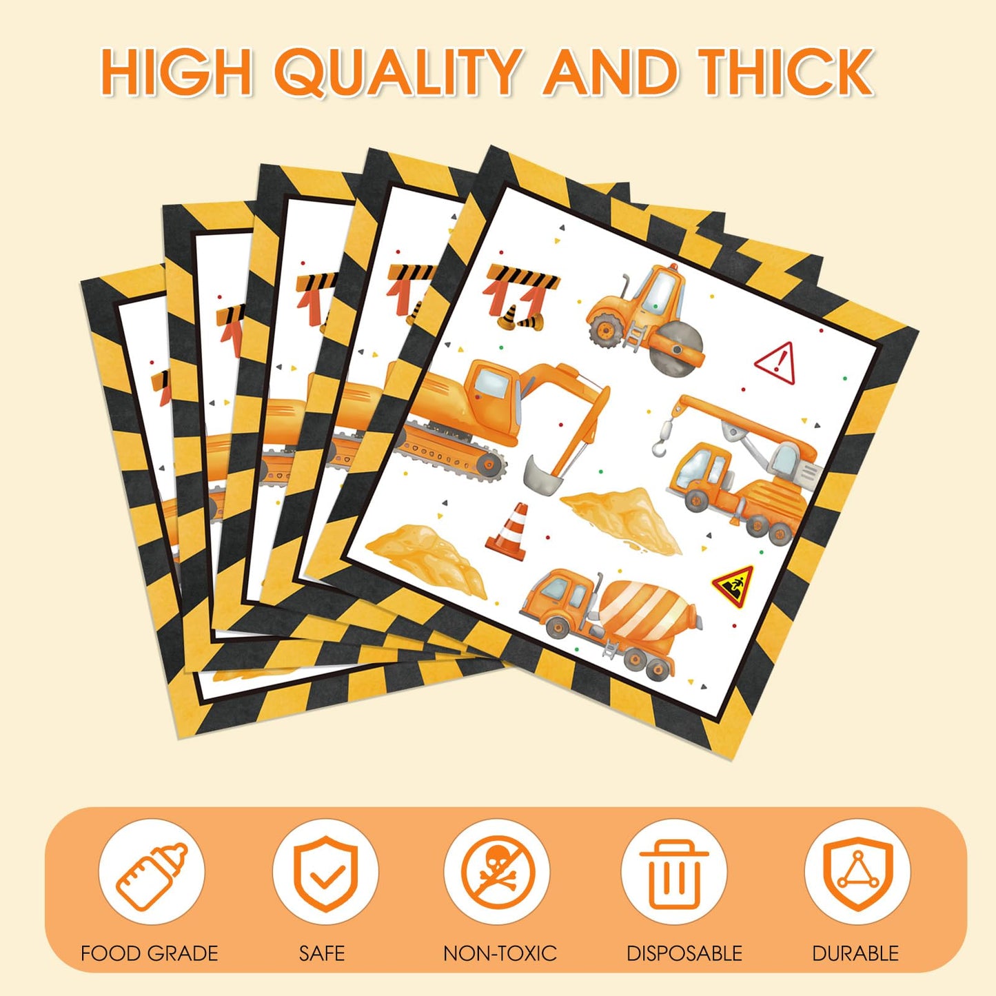40 Pcs Construction Napkins 13 x 13 Inches, Dump Digger Tractor Excavator Paper Napkins Construction Disposable Cocktail Napkin for Toddler Kids Boys