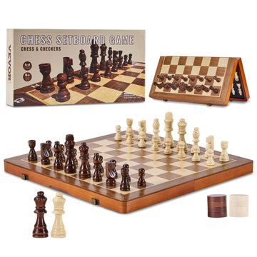 VEVOR 15-inch Magnetic Wooden Chess Set, 2-in-1 Folding Chess and Checkers Game for Adults and Kids, Portable Travel Chess Set with 2 Queens, Ideal